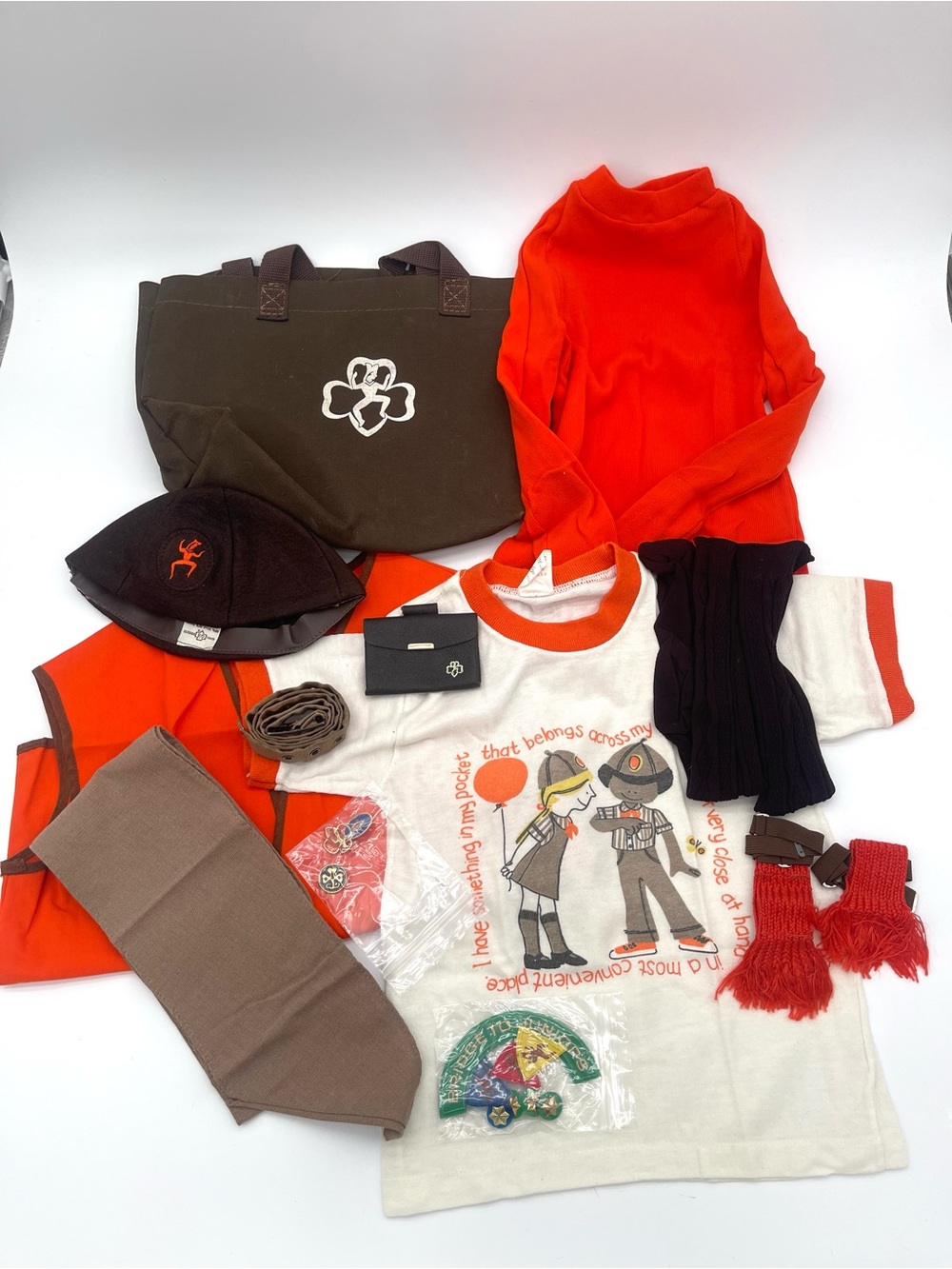 Brownie Girl Scouts Lot Ringer T-Shirt Rare Hat Socks Patch Vest Belt Vintage